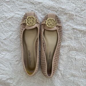 Christian Siriano Beige Perforated Flats with Gold Buckle